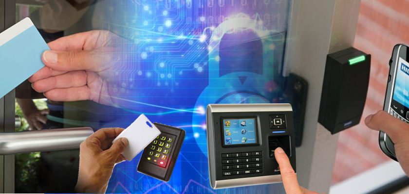 Access control systems with key cards, fingerprint scanner, and digital keypad for secure building entry